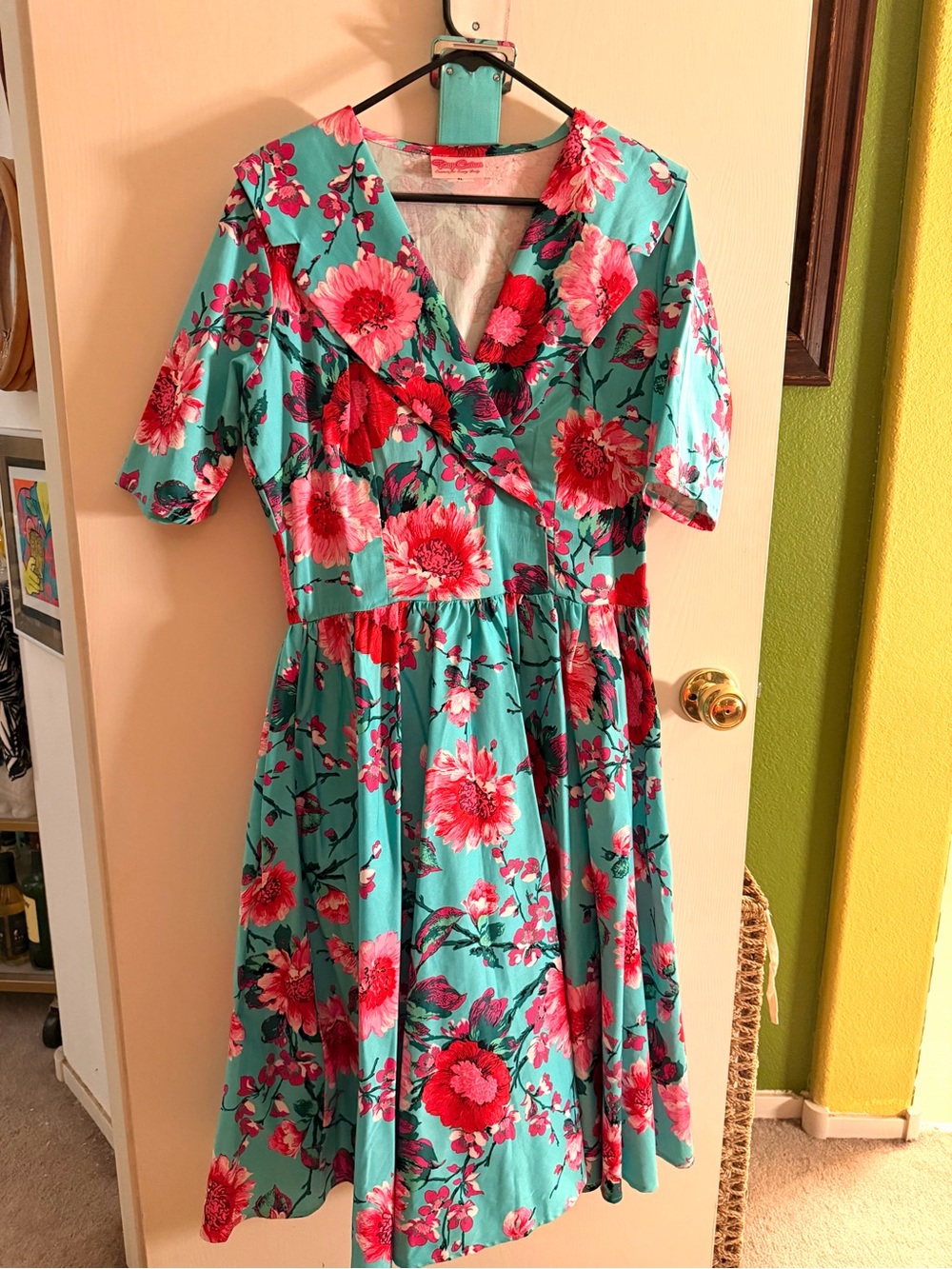 Pinup Couture PUG Teal Birdie Floral Wrap-Front Tea Dress in Turquoise and Pink